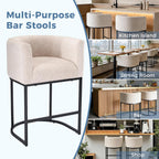 Barrel Bar Stools Set of 2, Modern Counter Height Barstools with Linen Fabric Upholstered Seat, 350lbs Capacity Kitchen Island Chair, Bar Stools with Metal Sled Base and Footrest, Light Grey