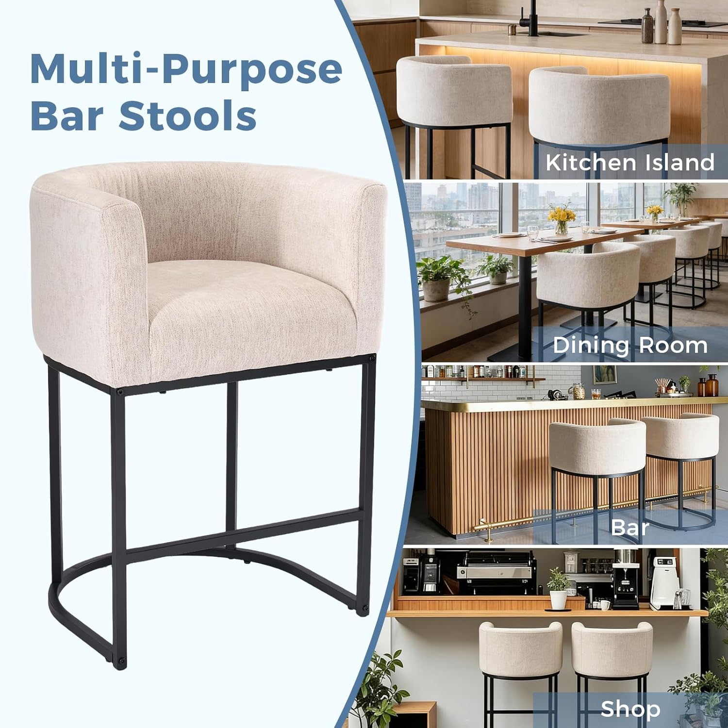 Barrel Bar Stools Set of 2, Modern Counter Height Barstools with Linen Fabric Upholstered Seat, 350lbs Capacity Kitchen Island Chair, Bar Stools with Metal Sled Base and Footrest, Light Grey