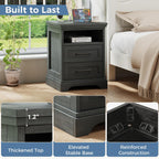 Nightstand with Charging Station, Wood Farmhouse Bedside Table with 2 Drawers and Open Shelf, Wood End Table, Modern Side Table for Bedroom, Black