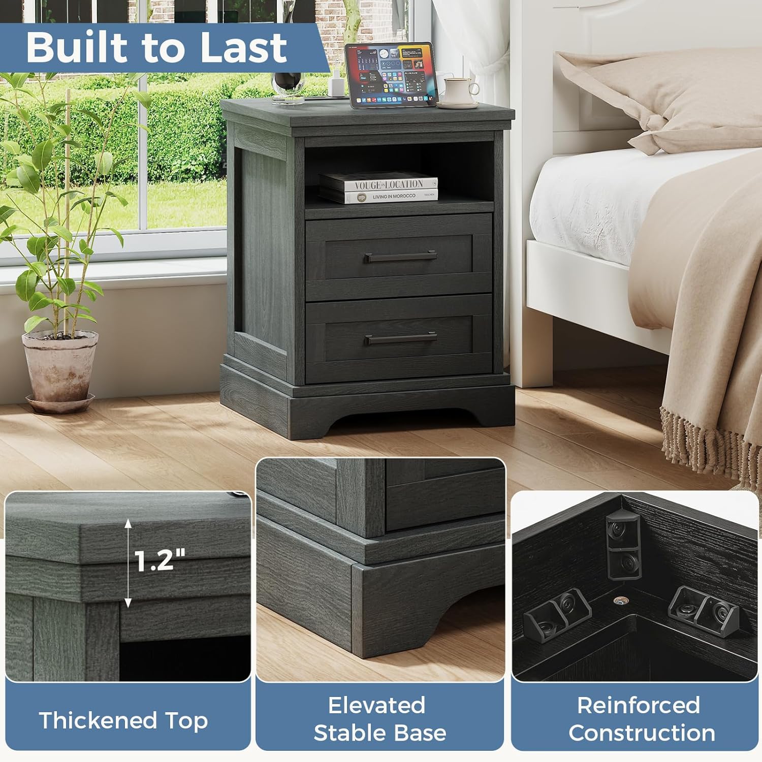 Nightstand with Charging Station, Wood Farmhouse Bedside Table with 2 Drawers and Open Shelf, Wood End Table, Modern Side Table for Bedroom, Black