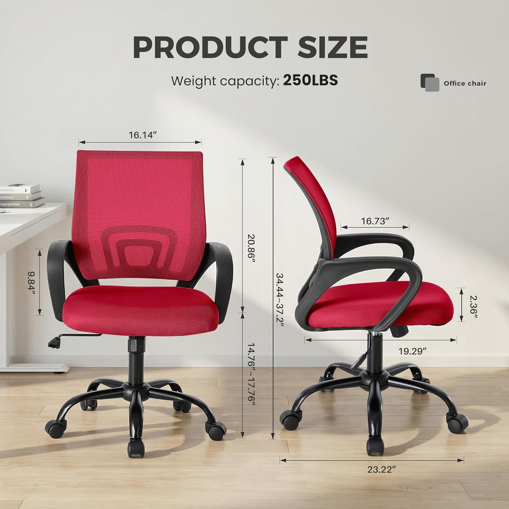 Office Desk Chair - Ergonomic Mid Back with Lumbar Support & Rocking Mode, Height Adjustable with Fixed Armrest, for Home, Computer, Gaming, Conference, Meeting Room, 360?? Swivel, Red, 2 Pack