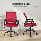 Office Desk Chair - Ergonomic Mid Back with Lumbar Support & Rocking Mode, Height Adjustable with Fixed Armrest, for Home, Computer, Gaming, Conference, Meeting Room, 360?? Swivel, Red, 2 Pack