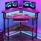 Conner Desk Home Office Computer Desk for Small Space with Storage Shelves Power Outlets Monitor Stand Keyboard Tray for Bedroom with LED Lights Gaming Table, Rustic Brown