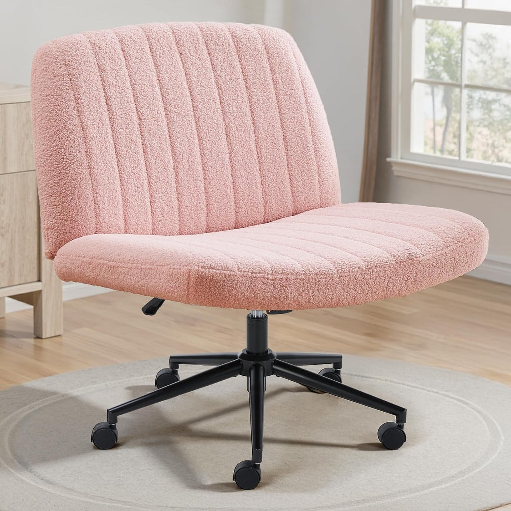 Criss Cross Chair with Wheels Wide Cross Legged Office Desk Vanity Chair Comfy Fabric Armless Adjustable Swivel for Home Computer Task PU Black