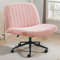 Criss Cross Chair with Wheels Wide Cross Legged Office Desk Vanity Chair Comfy Fabric Armless Adjustable Swivel for Home Computer Task Teddy Pink