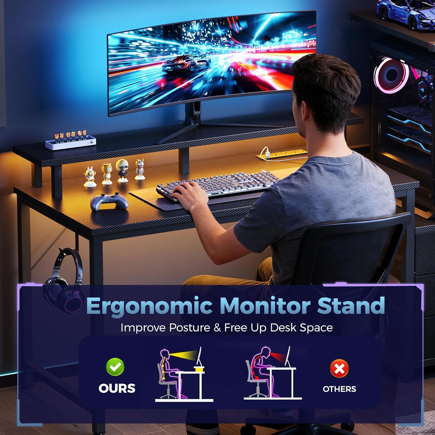 L Shaped Gaming Desk with Shelves Storage Drawers 52'', Black Computer Desks with LED Lights Power Outlets, Office Wood Table with PC Stand Cable Management for Bedroom Dual Monitor Streaming