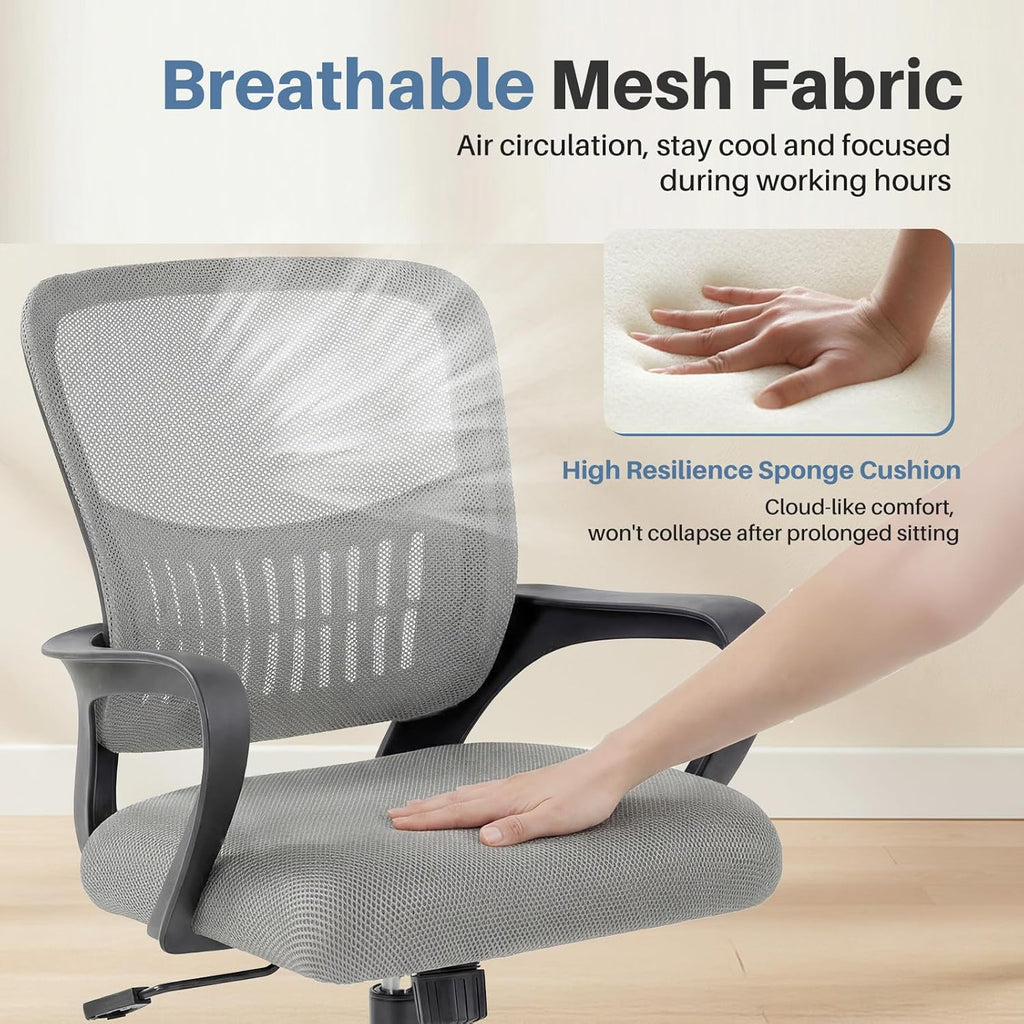 Home Office Chair - Ergonomic Mid Back Mesh Desk Chair with Lumbar Support & Rocking Mode, Height Adjustable, Fixed Armrest, for Conference, Computer, 360?? Swivel, Adults, Grey