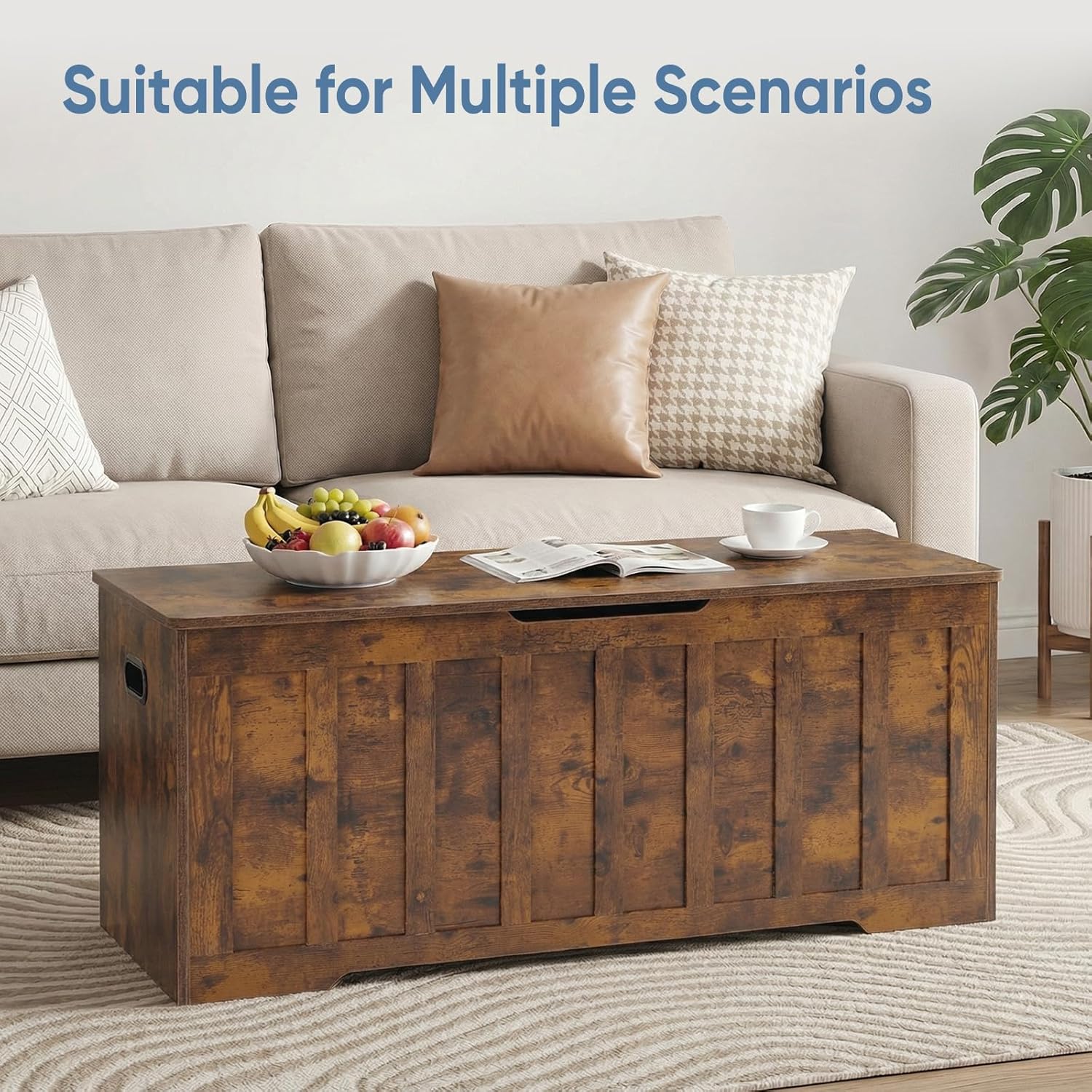 47.2 Extra Large Storage Bench with 2 Safety Gel-Buffered Hinges, Blanket Chest for Bedroom Living Room, Support 150lbs, 2 U-Shaped Cut-Out Pull, Non-Slip Base, Rustic Wood