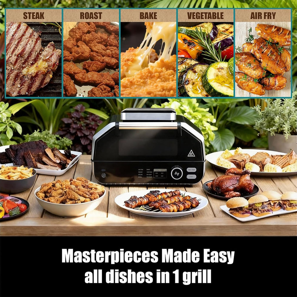 Electric Grill Outdoor/Indoor, 8-in-1 Multifunctional Large Electric BBQ Grill for Air Fry, Bake, Roast, Steak, Broil and Dehydrate, Safe Non-Stick Coating, Fry Basket Included