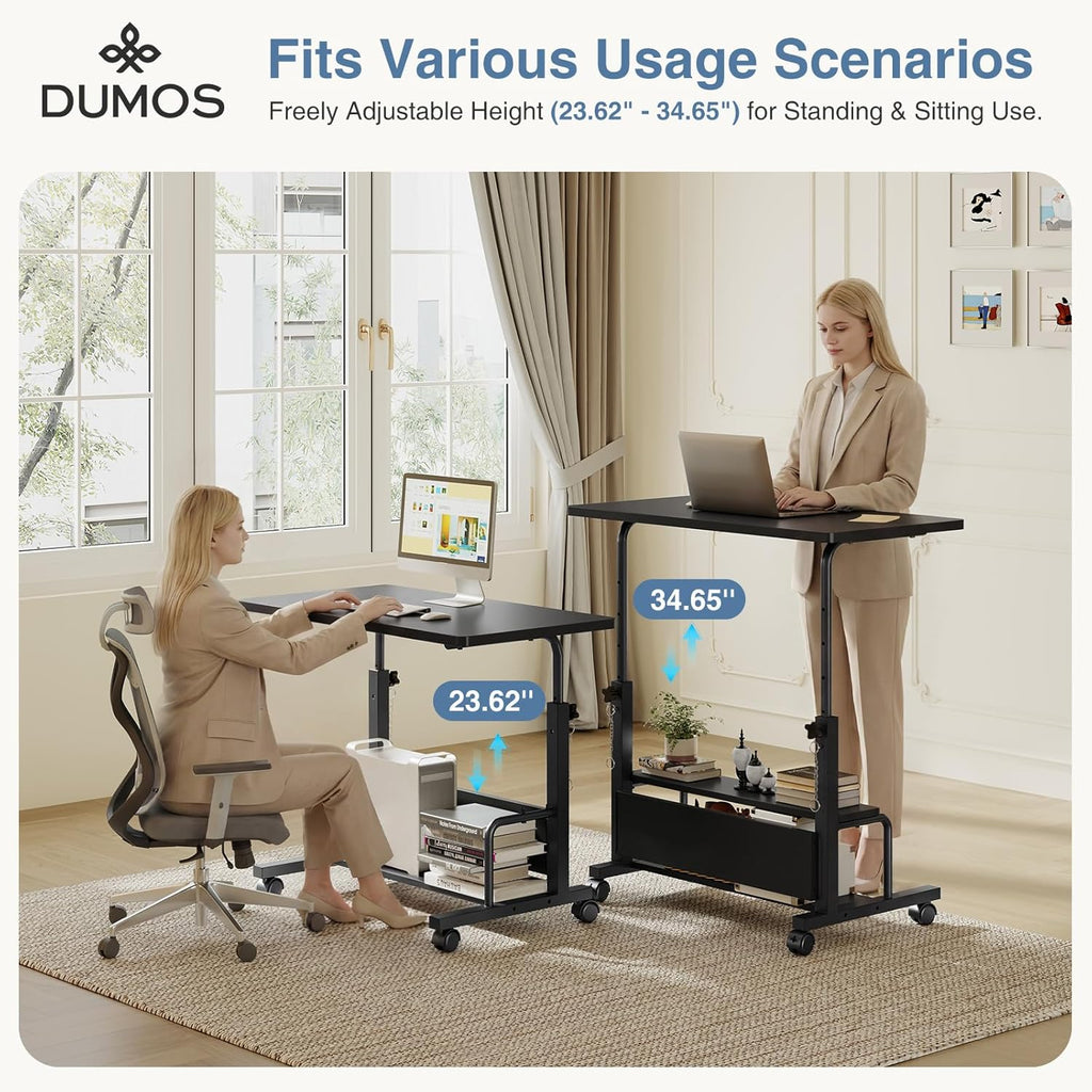 31.5 Manual Standing Desk, Height Adjustable Mobile Computer Desk with Lockable Wheels & 2-Tier Storage, Rolling Laptop Table for Small Spaces & Home Office, Black