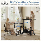 31.5 Manual Standing Desk, Height Adjustable Mobile Computer Desk with Lockable Wheels & 2-Tier Storage, Rolling Laptop Table for Small Spaces & Home Office, Black