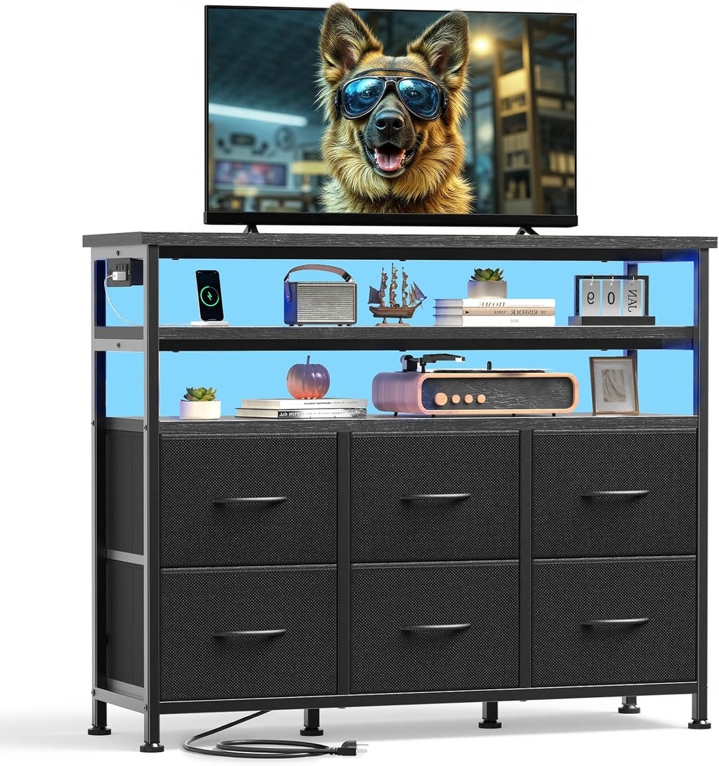 TV Stand for Up to 45 inch TV, Wood Top TV Media Console Table with 6 Fabric Drawers, 2 Shelves, Entertainment Center with LED Lights & Charging Station for Living Room, Hallway, Brown