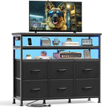 TV Stand for Up to 45 inch TV, Wood Top TV Media Console Table with 6 Fabric Drawers, 2 Shelves, Entertainment Center with LED Lights & Charging Station for Living Room, Hallway, White