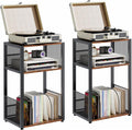 3 Tier Side Table, 2 Pack Record Player Stand with Storage Up to 100 Albums,Turntable Stand for Vinyl, Brown Records Shelf for Living Room Bedroom
