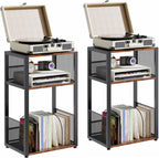 3 Tier Side Table, 2 Pack Record Player Stand with Storage Up to 100 Albums,Turntable Stand for Vinyl, Brown Records Shelf for Living Room Bedroom