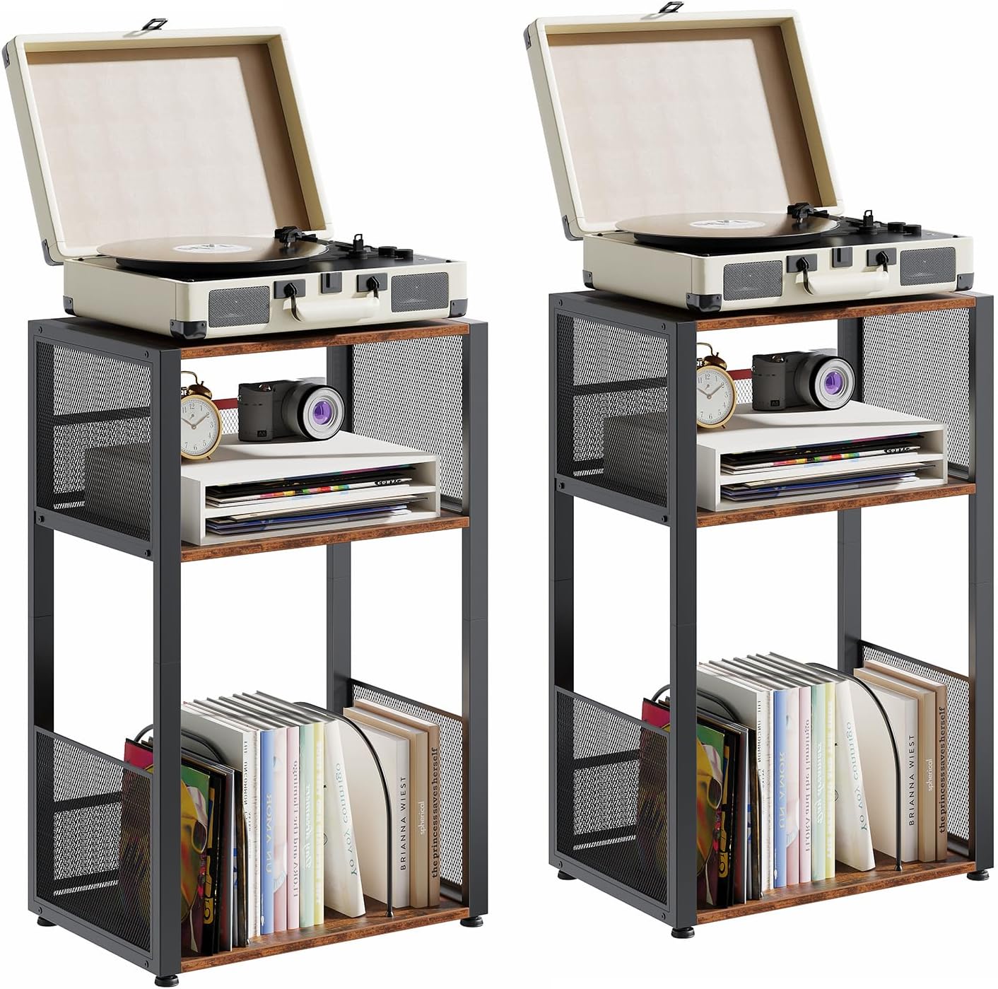 3 Tier Side Table, 2 Pack Record Player Stand with Storage Up to 100 Albums,Turntable Stand for Vinyl, Brown Records Shelf for Living Room Bedroom