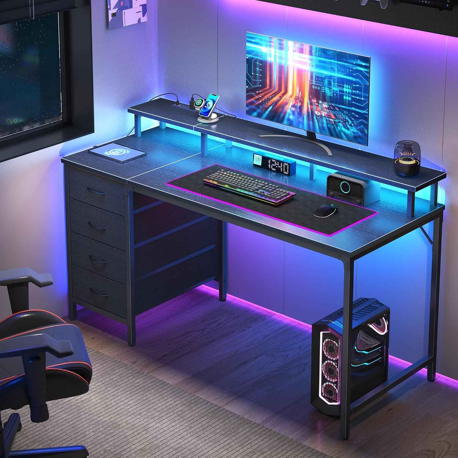 Computer Desk with 4 Drawers,4 Drawer Gaming Desk with Power Outlets and LED Lights,Office Desk for Small Spaces with Monitor Shelf,Writing Desk for Home Office, Bedroom,Study 45 Inch White