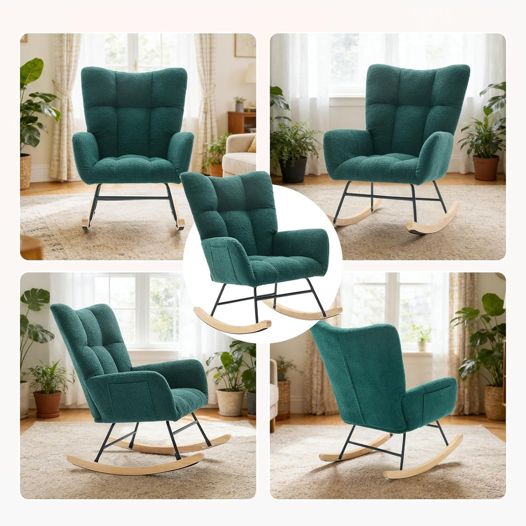 Nursery Rocking Chair Teddy Upholstered, Comfy Glider Rocker with High Backrest Armchair Padded Seat, Accent Side Chair for Living Room Bedroom Offices Small Spaces Indoor, Green