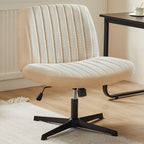 Criss Cross Chair No Wheels, Legged Office Desk Armless Chair Wide Seat, Adjustable Swivel Teddy Fabric Task Vanity Chairs for Home Bedroom, Beige