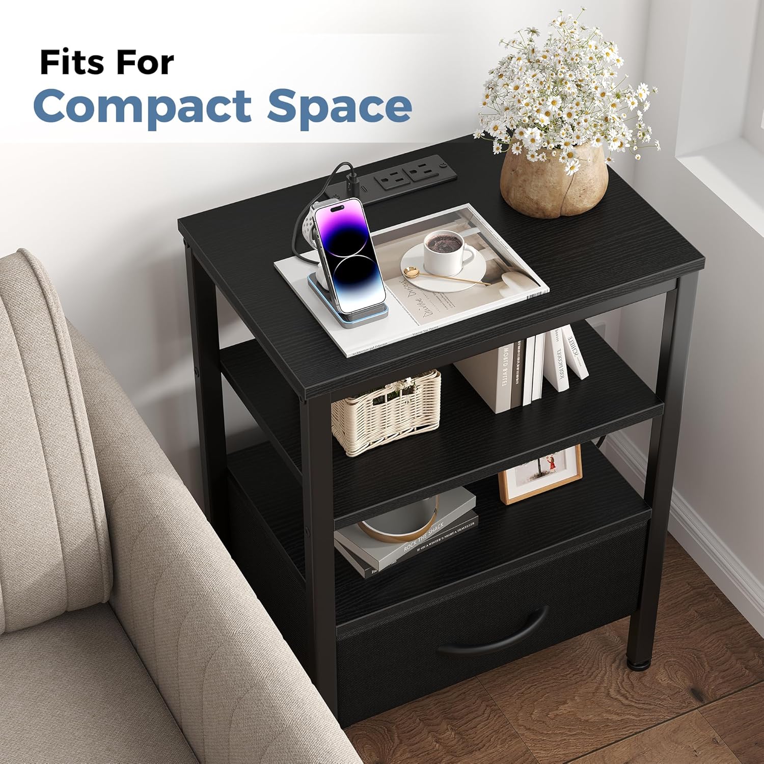Nightstand with Charging Station, Bedside Tables with USB Ports and Fabric Drawer, Small Night Stand with Open Adjustable Shelf, Compact End Table for Bedroom, Black