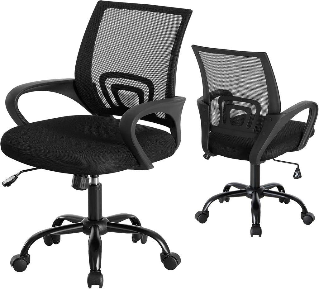 Office Desk Chair - Ergonomic Mid Back with Lumbar Support & Rocking Mode, Height Adjustable with Fixed Armrest, for Home, Computer, Gaming, Conference, Meeting Room, 360?? Swivel, Red, 2 Pack
