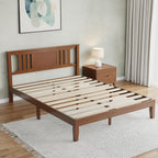 Queen Size Wood Bed Frame with Headboard, Solid Natural Wooden Platform Bed Base, Heavy Duty Slat Support Mattress Foundation, No Box Spring Needed, Low-Profile Design