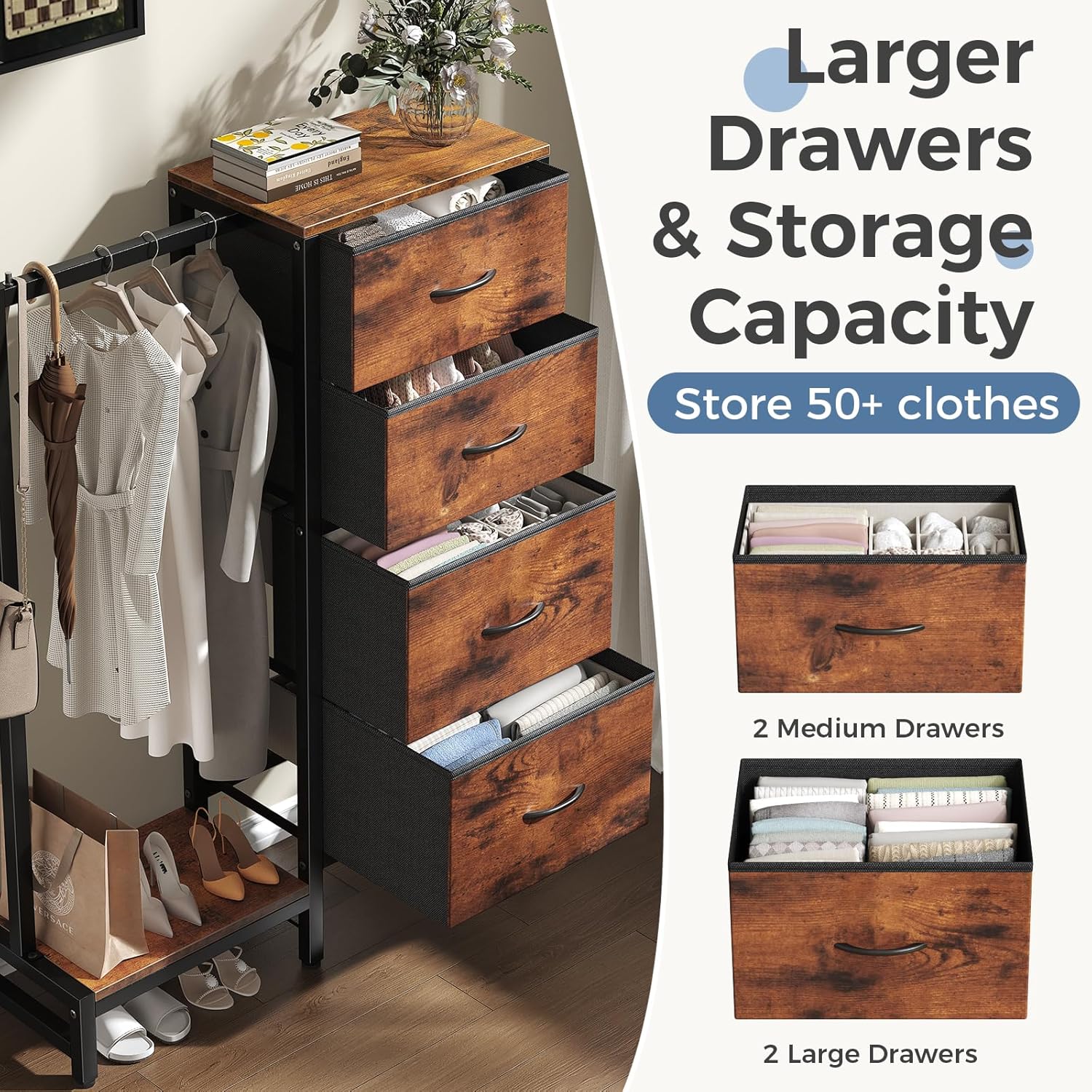 Dresser with Hanging Rack, 4-in-1 Fabric Dresser for Bedroom, Closet Organizer with Clothes Rack, Shoe Rack & Hooks, Tall Storage Tower for Small Spaces, Apartment, Dorm, Rustic Brown
