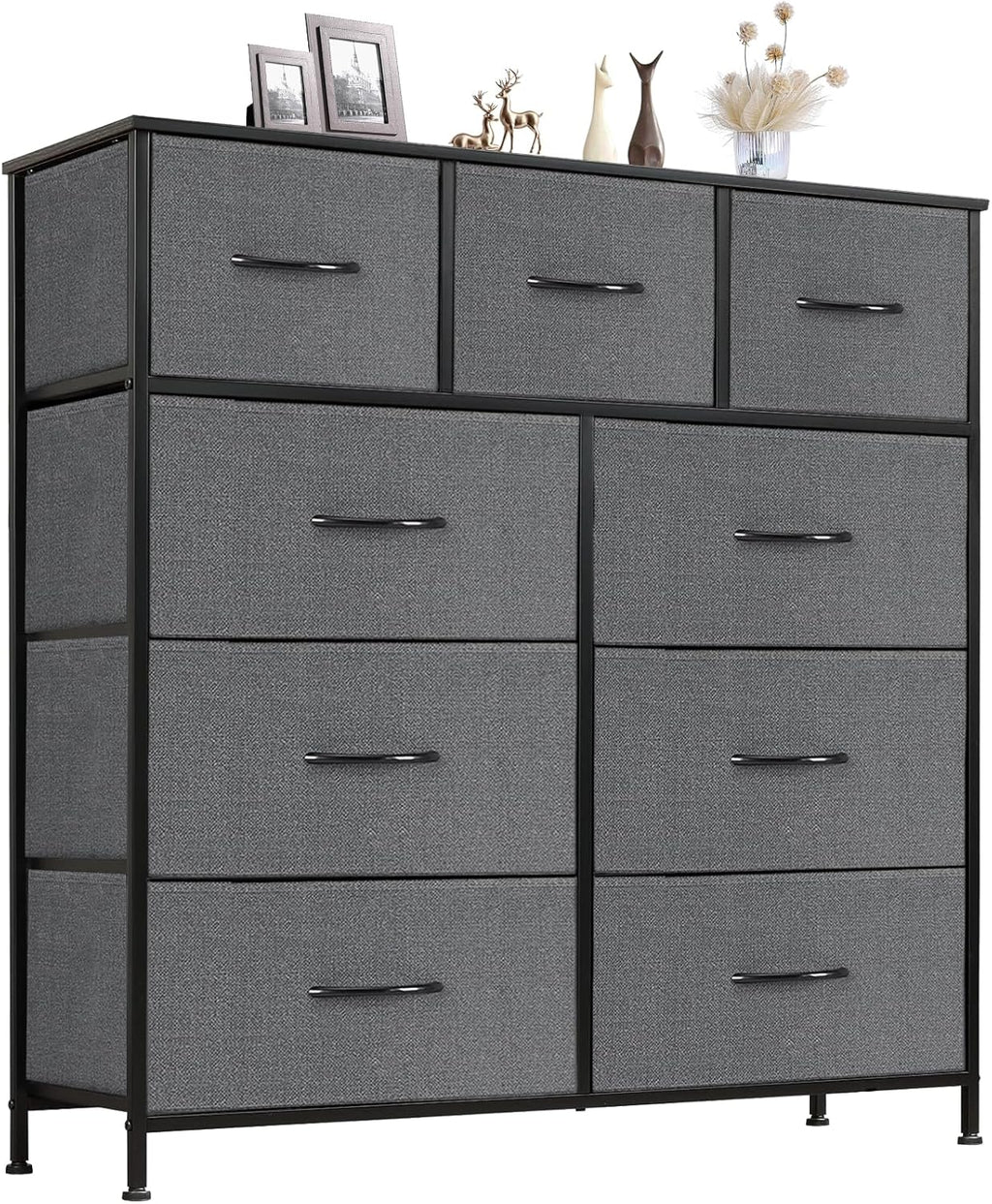 Dresser for Bedroom with 9 Storage Drawers, Large Fabric Storage Tower Organizer, Chest of Drawers with Metal Frame Wooden Top for Closet, Living Room, Entryway, Brown