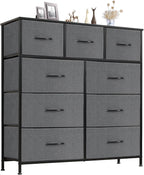 Dresser for Bedroom with 9 Storage Drawers, Large Fabric Storage Tower Organizer, Chest of Drawers with Metal Frame Wooden Top for Closet, Living Room, Entryway, Brown