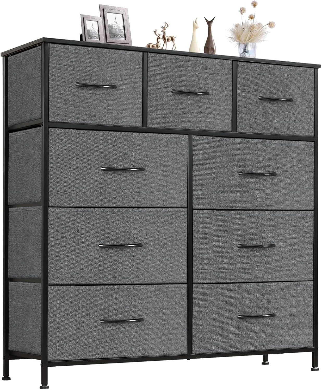 Dresser for Bedroom with 9 Storage Drawers, Large Fabric Storage Tower Organizer, Chest of Drawers with Metal Frame Wooden Top for Closet, Living Room, Entryway, Brown