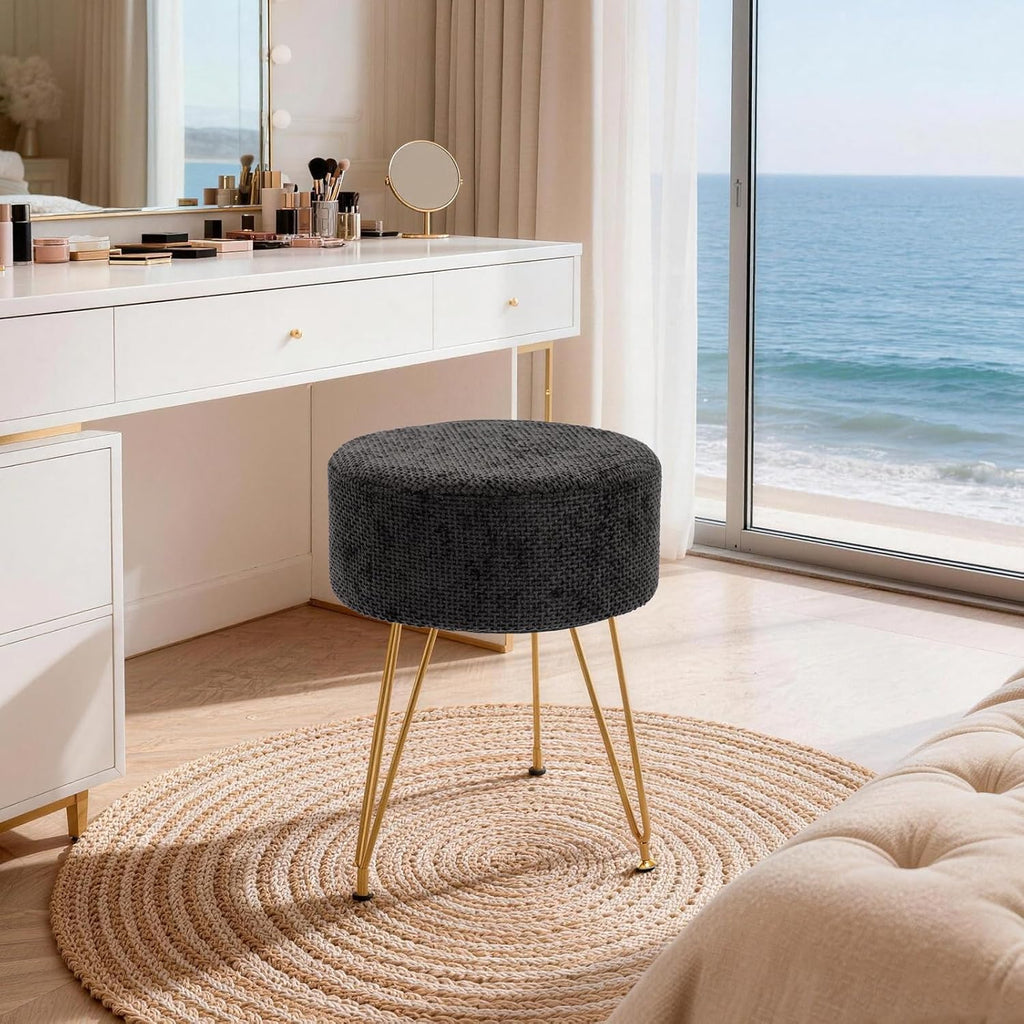 Velvet Vanity Stool, 350LBS Heavy-Duty Makeup Stool with 4CM Thick Cushion, Round Ottoman Footrest Chair for Bedroom, Bathroom, Dressing Table, Easy-Clean Soft Fabric, Black