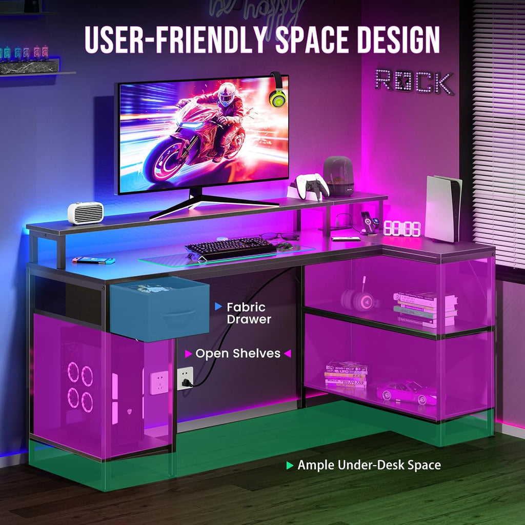 47?? Gaming Desk with USB Charging Ports & LED Lights, Reversible L Shaped Desks Computer Corner Gamer Table with Power Outlets Monitor Stand Storage Shelves for Home Office Small Space, Black