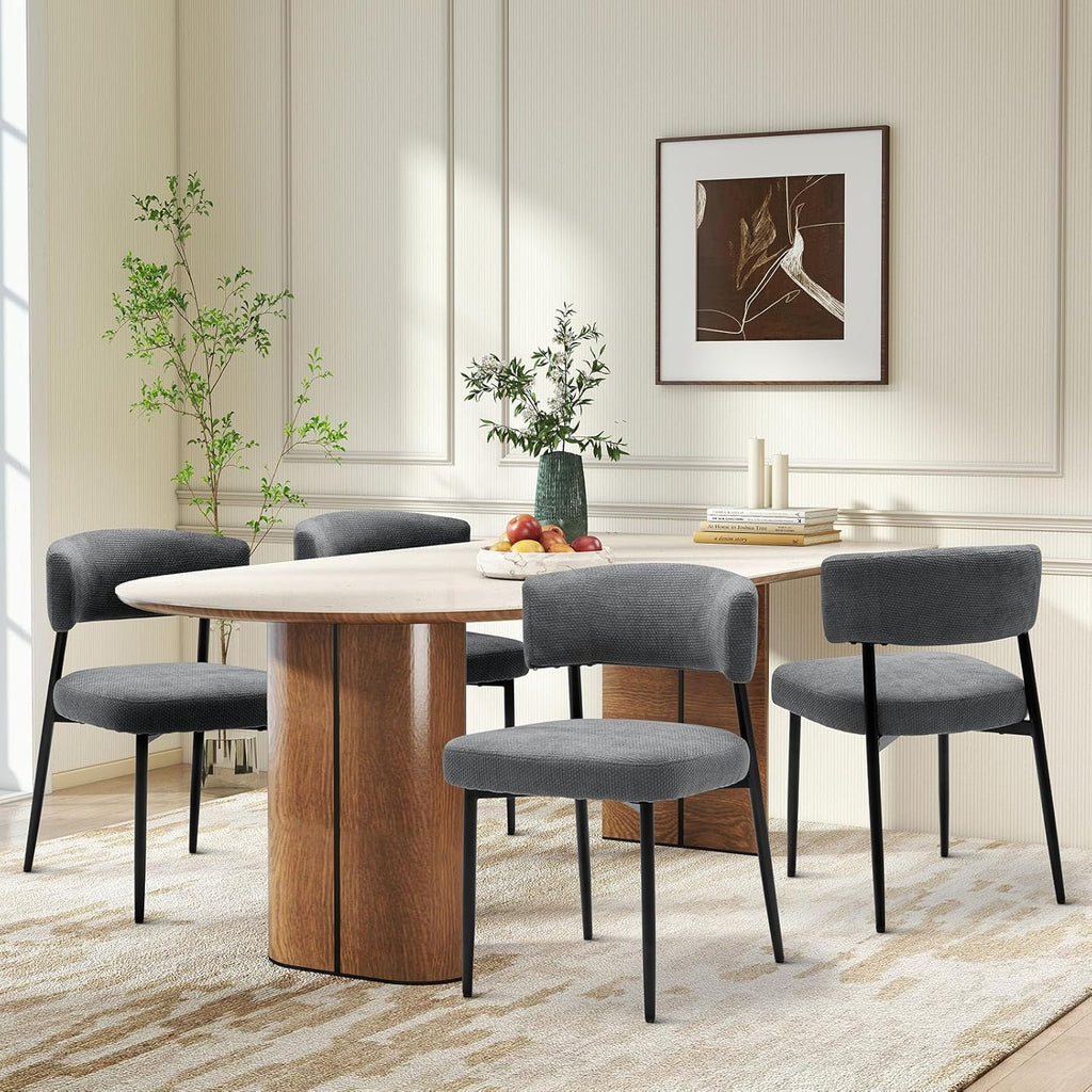 Dining Chairs Set of 4, Mid Century Modern Chair Round Upholstered Curved Backrest, Kitchen Vanity Living Room Chairs with Black Metal Legs, Beige