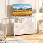 TV Stand, Dresser with 5 Fabric Storage Drawers, Media Console Featuring Open Shelf, Fabric Storage Cabinet with Charging Station, Compact Entertainment Unit for Bedroom, Living Room, White