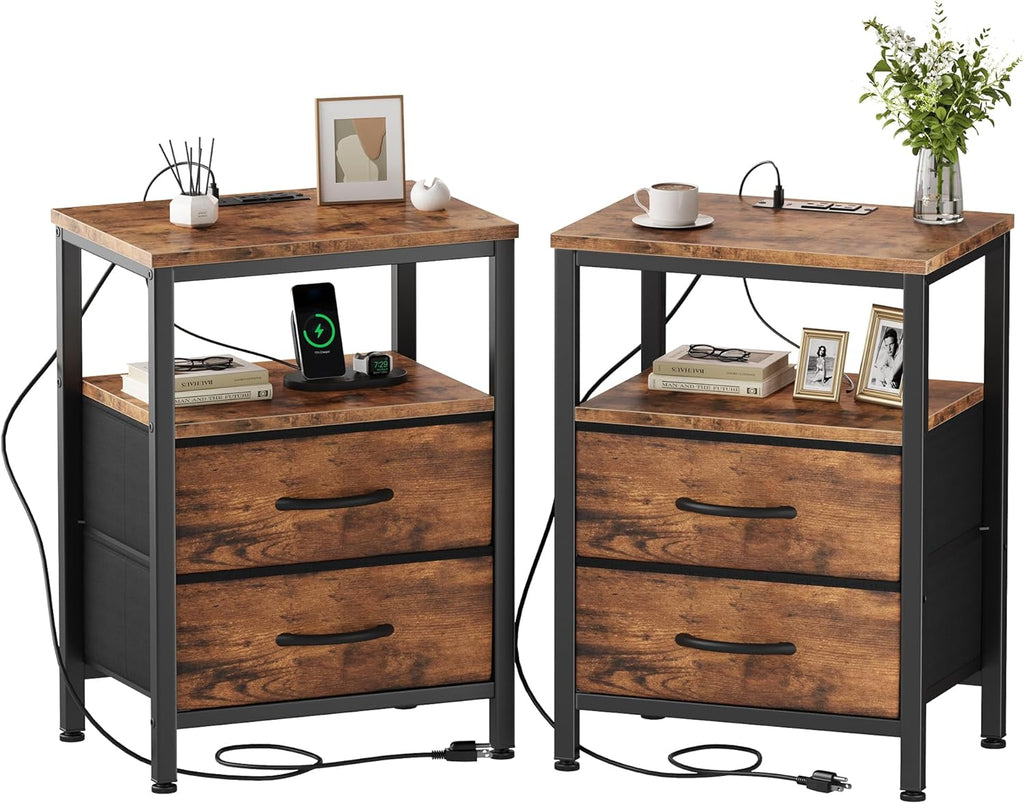 Nightstand Set of 2 with Wireless Charging Station Bed Side Tables with Adjustable Fabric Drawers 3-Tier Storage End Tables Modern Design,Black