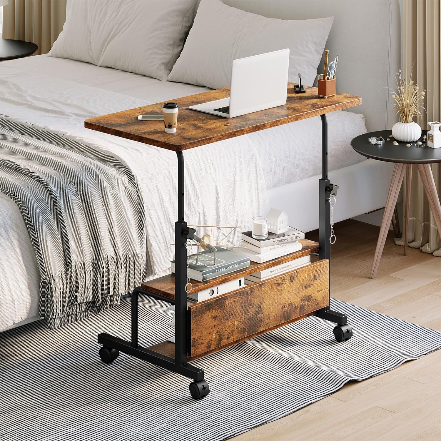 31.5 Manual Standing Desk, Height Adjustable Mobile Computer Desk with Lockable Wheels & 2-Tier Storage, Rolling Laptop Table for Small Spaces & Home Office, Rustic Brown