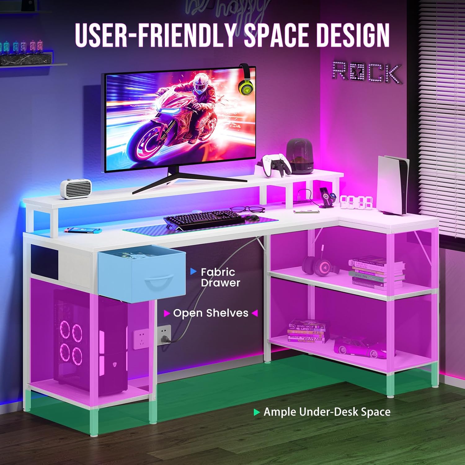 47?? Gaming Desk with USB Charging Ports & LED Lights, Reversible L Shaped Desks Computer Corner Gamer Table with Power Outlets Monitor Stand Storage Shelves for Home Office Small Space, White
