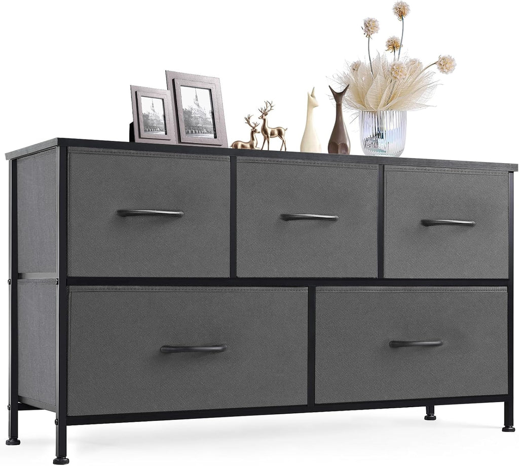 Dresser for Bedroom with 9 Storage Drawers, Large Fabric Storage Tower Organizer, Chest of Drawers with Metal Frame Wooden Top for Closet, Living Room, Entryway, Brown