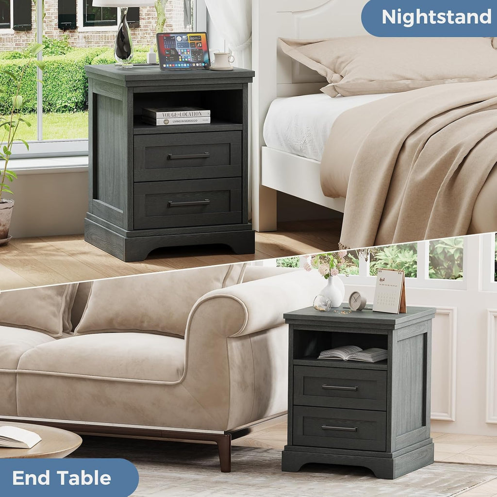 Nightstand with Charging Station, Wood Farmhouse Bedside Table with 2 Drawers and Open Shelf, Wood End Table, Modern Side Table for Bedroom, Black