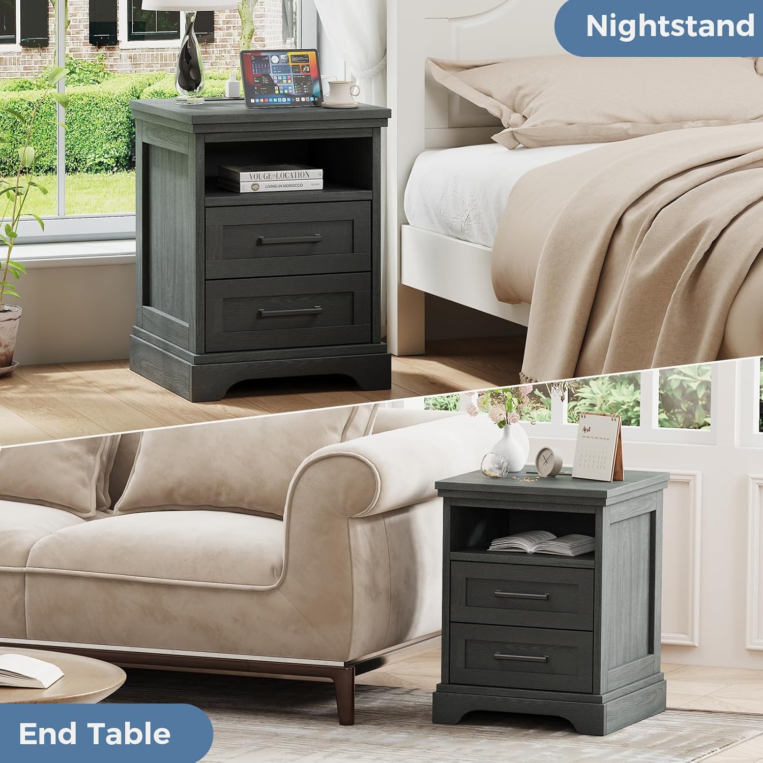 Nightstand with Charging Station, Wood Farmhouse Bedside Table with 2 Drawers and Open Shelf, Wood End Table, Modern Side Table for Bedroom, Black