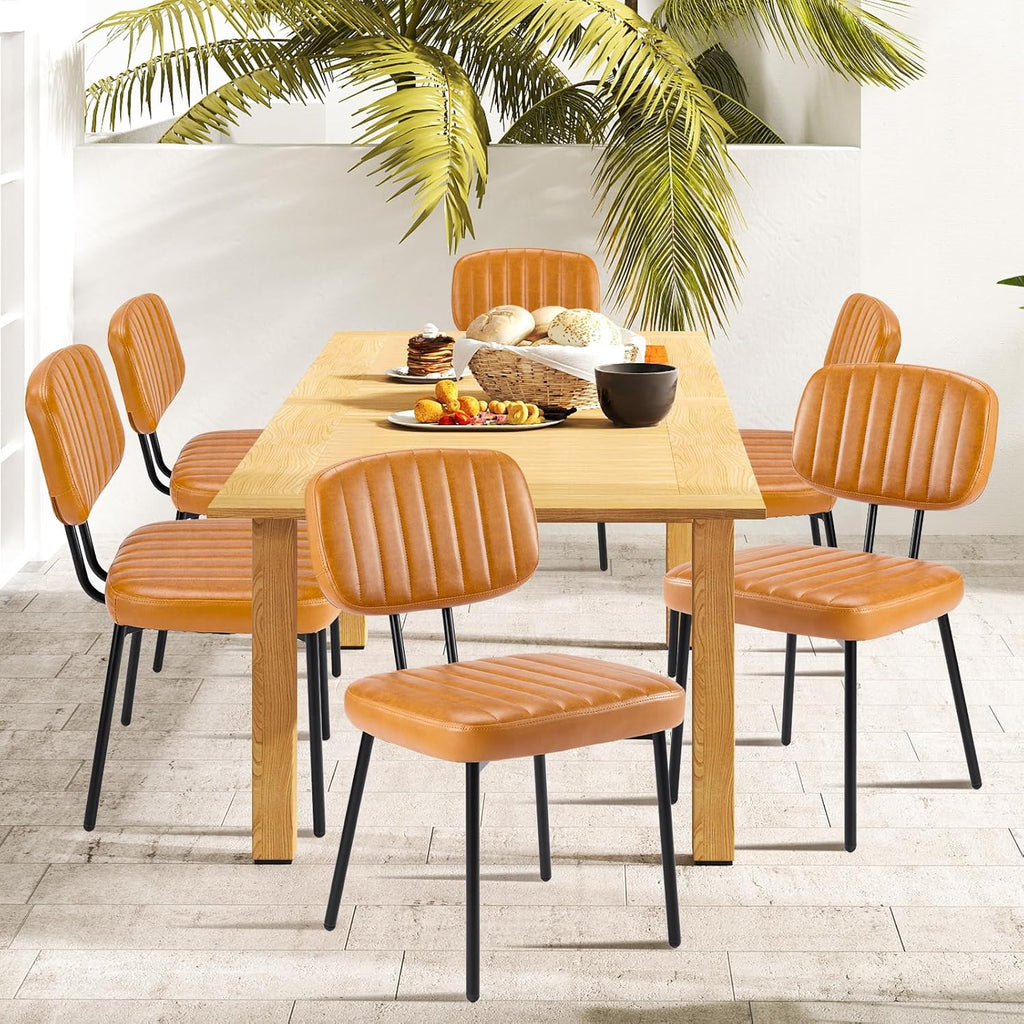Dining Chairs Set of 6, Upholstered Mid-Century PU Leather Accent Chair with Backrest and Metal Legs for Kitchen, Living Room,Beige White