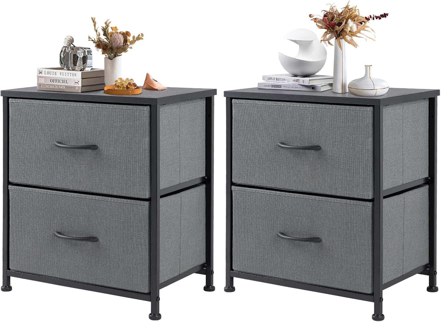 Nightstand Set of 2, Small Dresser with 2 Fabric Drawers Side Bedroom End Table Kids Bedside Storage Furniture for 25 inch Tall Night Stand for Closet, Entryway, College Dorm, Classic Black