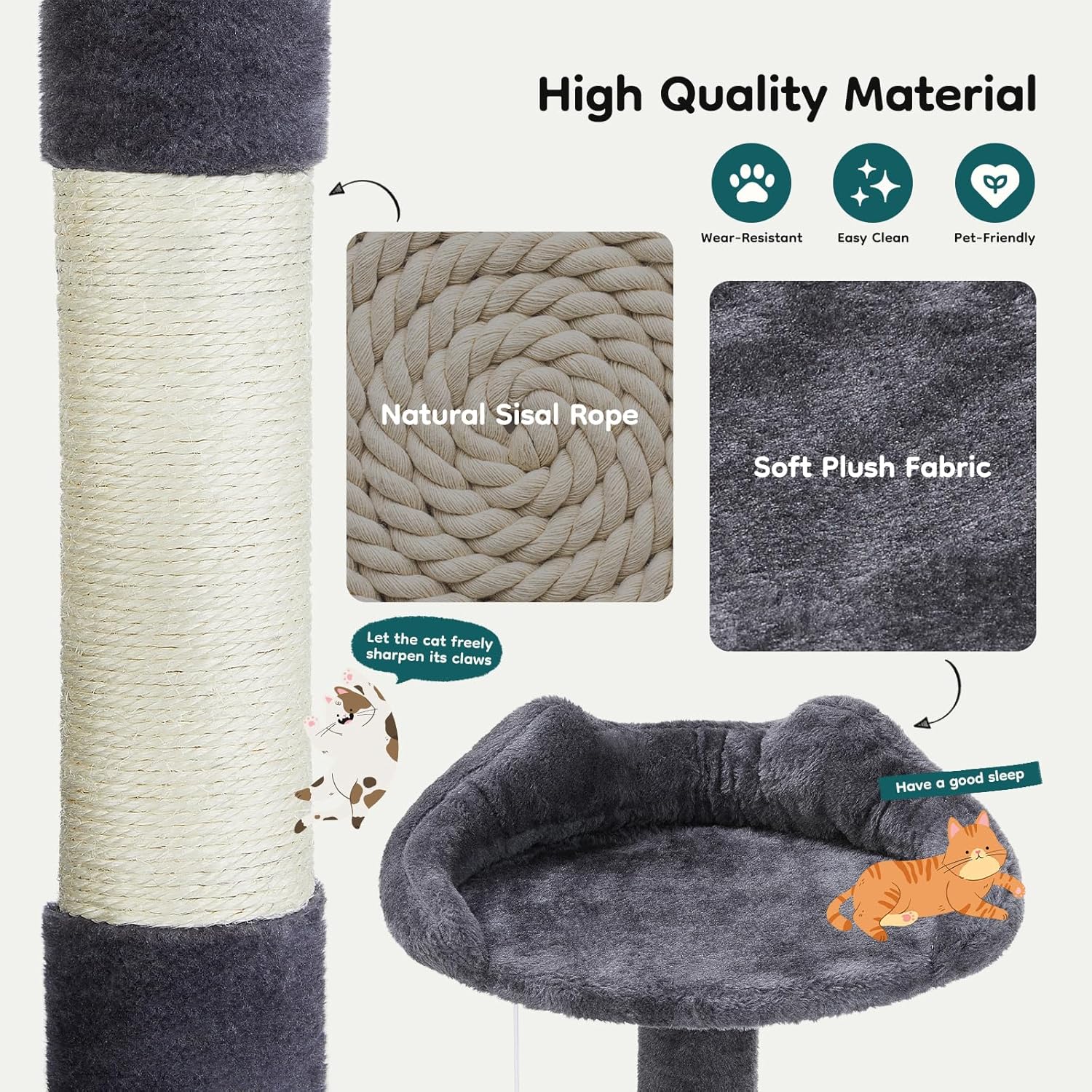 54-inch Indoor Cat Tree Tower ?CMulti-Level Pet House for Large Cats with 2 Condos, Scratching Posts, Round Platform, Small Ladder, and Toys ?C Perfect for Cats of All Ages, Dark Grey