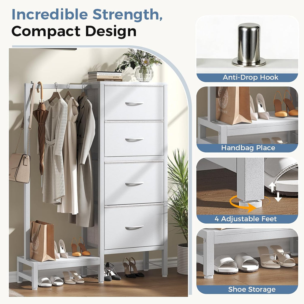 Dresser with Hanging Rack, 4-in-1 White Fabric Dresser for Bedroom, Closet Organizer with Clothes Rack, Shoe Rack & Hooks, Tall Storage Tower for Small Spaces, Apartment, Dorm, Entryway