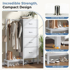 Dresser with Hanging Rack, 4-in-1 White Fabric Dresser for Bedroom, Closet Organizer with Clothes Rack, Shoe Rack & Hooks, Tall Storage Tower for Small Spaces, Apartment, Dorm, Entryway