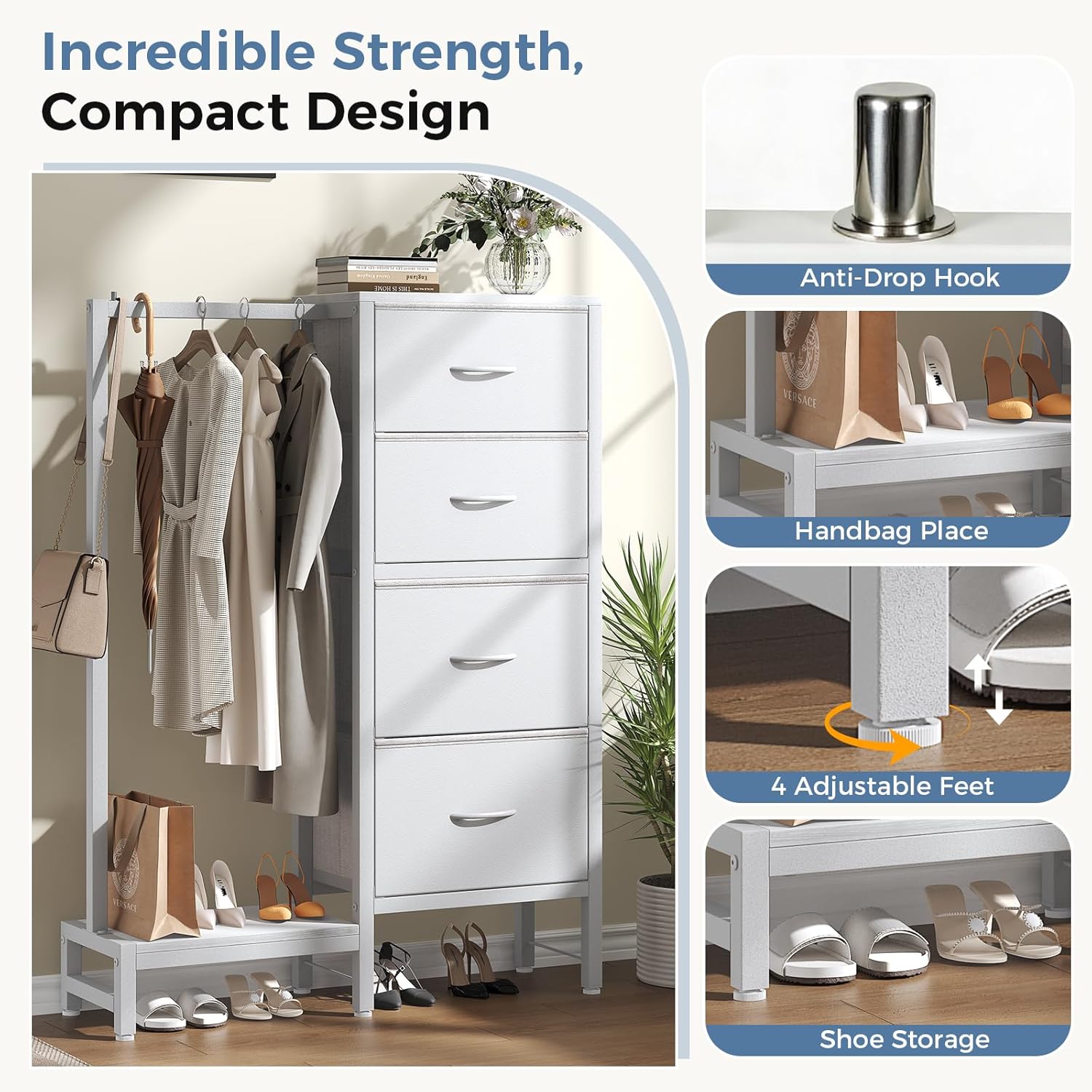 Dresser with Hanging Rack, 4-in-1 White Fabric Dresser for Bedroom, Closet Organizer with Clothes Rack, Shoe Rack & Hooks, Tall Storage Tower for Small Spaces, Apartment, Dorm, Entryway