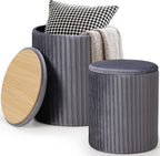 Round Ottoman with Storage Set of 2, Vanity Stool Chair with Storage, Makeup Cute Soft Small Footstool Modern Style Coffee Table, Small Velvet Foot Stool for Living Room Bedroom Dorm, Grey