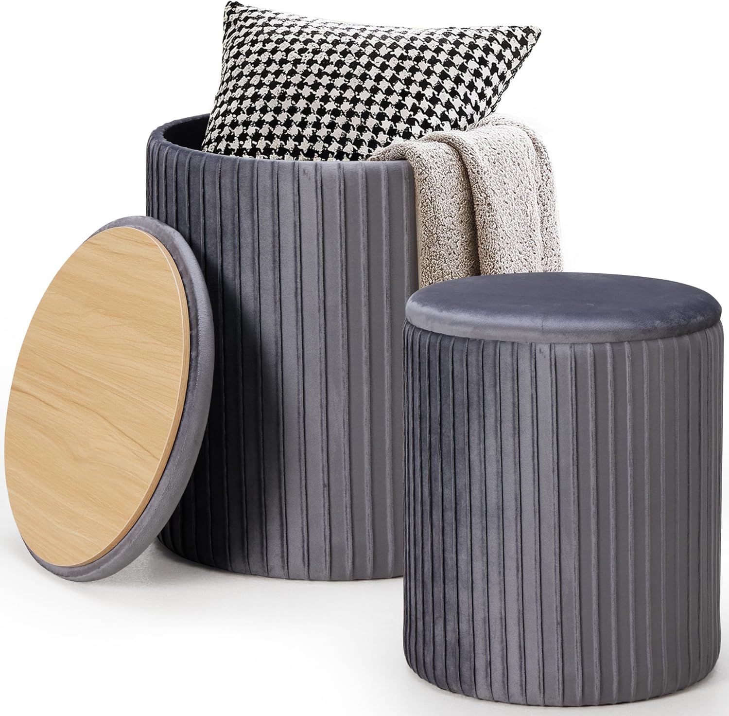Round Ottoman with Storage Set of 2, Vanity Stool Chair with Storage, Makeup Cute Soft Small Footstool Modern Style Coffee Table, Small Velvet Foot Stool for Living Room Bedroom Dorm, Deep Grey