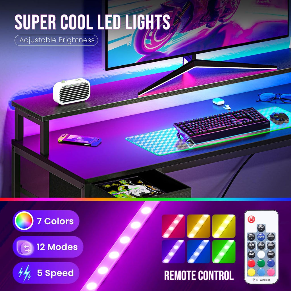 47?? Gaming Desk with USB Charging Ports & LED Lights, Reversible L Shaped Desks Computer Corner Gamer Table with Power Outlets Monitor Stand Storage Shelves for Home Office Small Space, Black