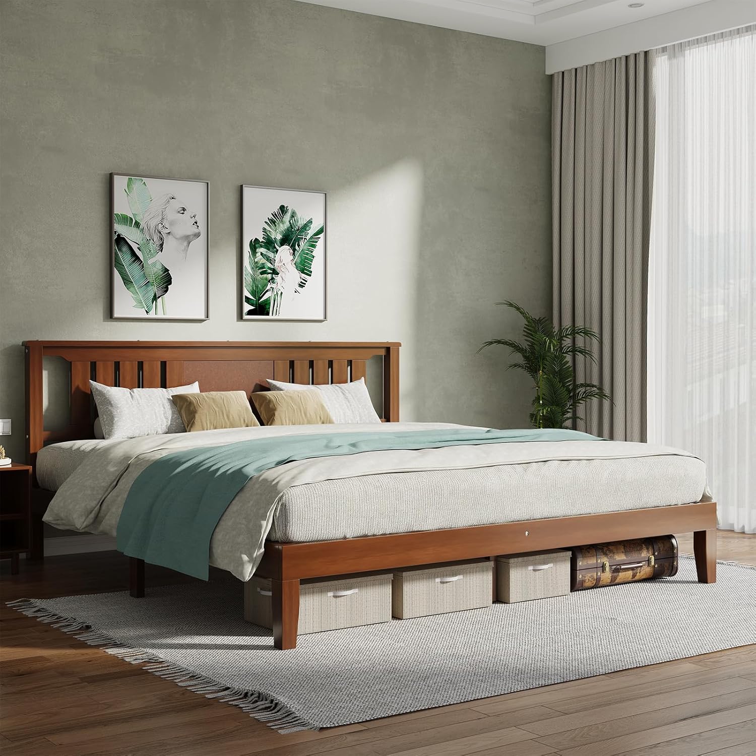 Twin Size Wood Bed Frame with Headboard, Solid Natural Wooden Platform Bed Base, Heavy Duty Slat Support Mattress Foundation, No Box Spring Needed, Low-Profile Design